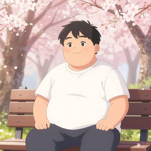 Digital anime-style illustration of a chubby, smiling man with black hair, wearing a white shirt and blue pants, sitting on a wooden bench under blooming
