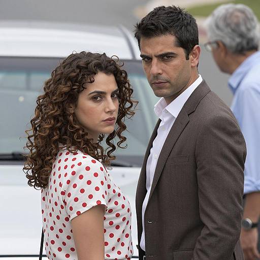 Couple by a Silver Car Scene