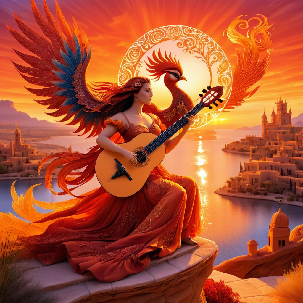 Romantic Phoenix Playing Lute at Sunset