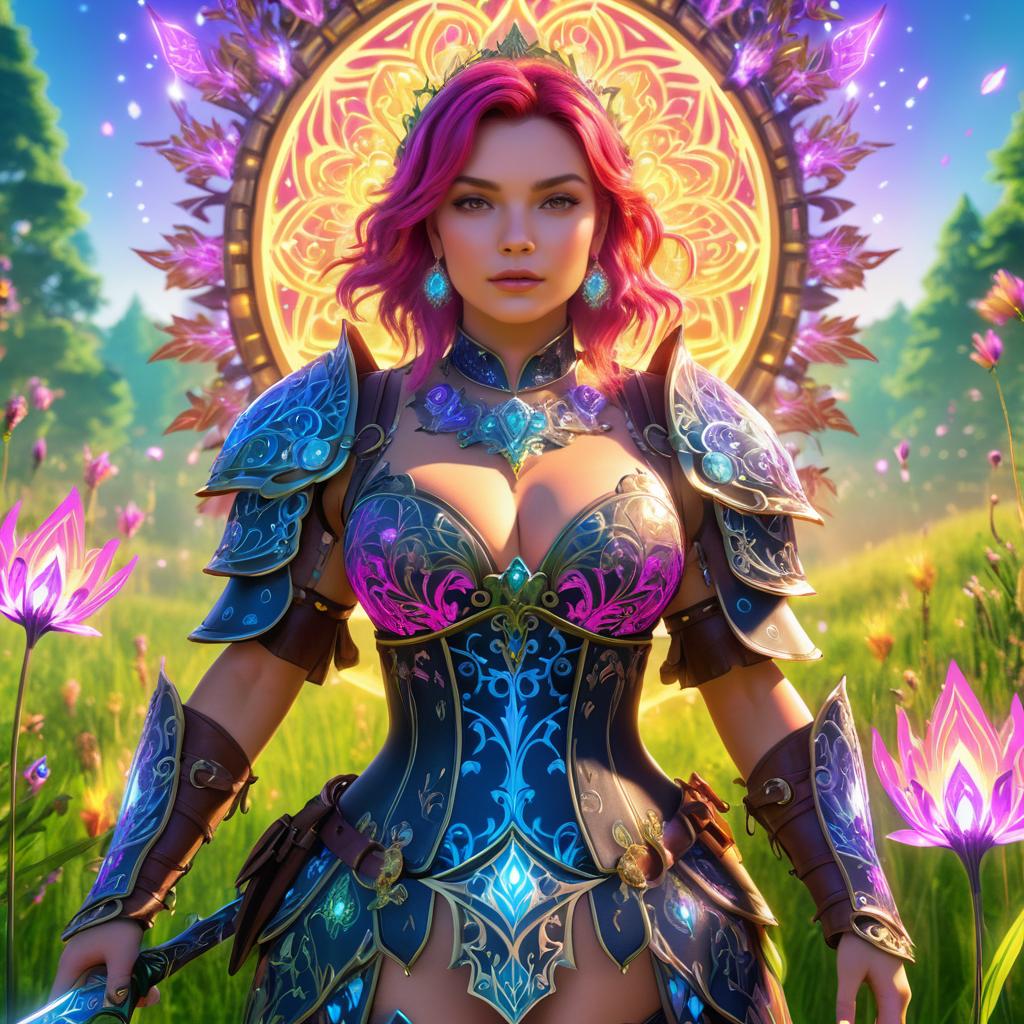 Vibrant Meadow Warrior with Glowing Tattoos