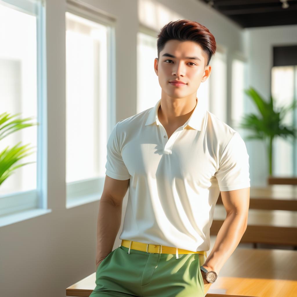 Sunlit Cafe Scene with Filipino Model