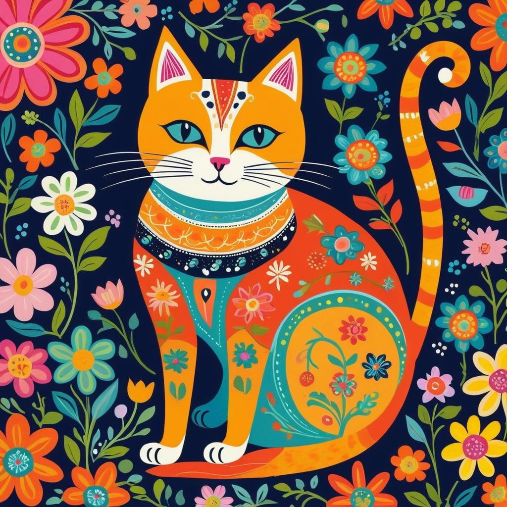 Colorful Whimsical Folk Art Cat Illustration