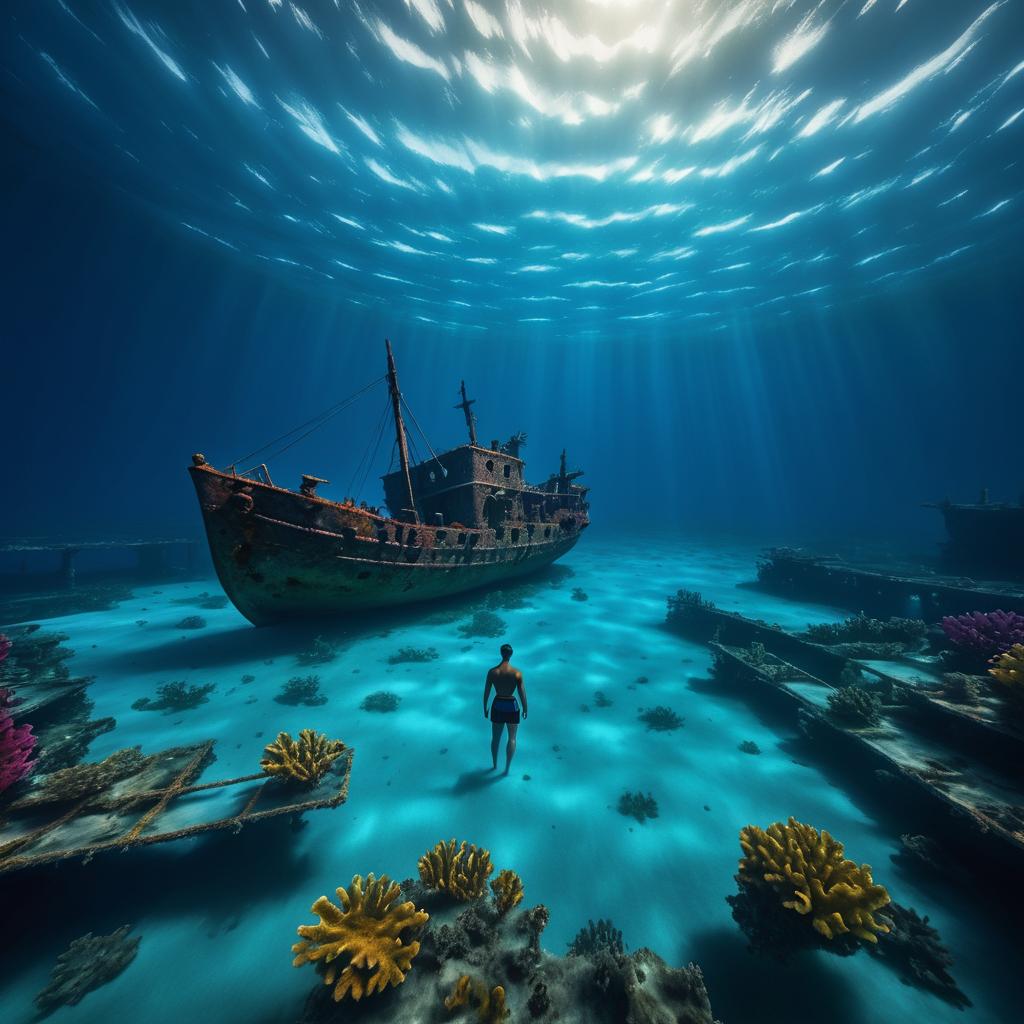 Vibrant Swimmer Amidst a Sunken Ship