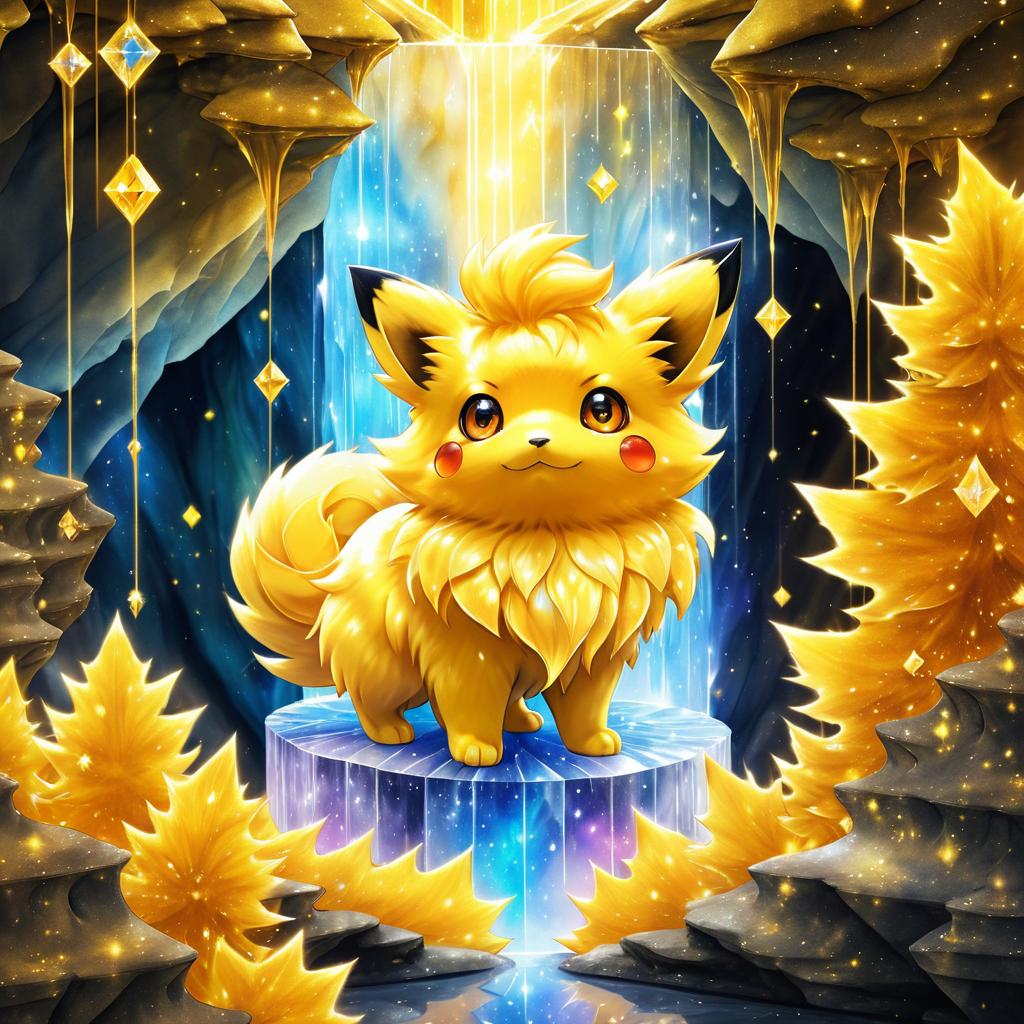 Vibrant Pikachu Portrait in Crystal Cave