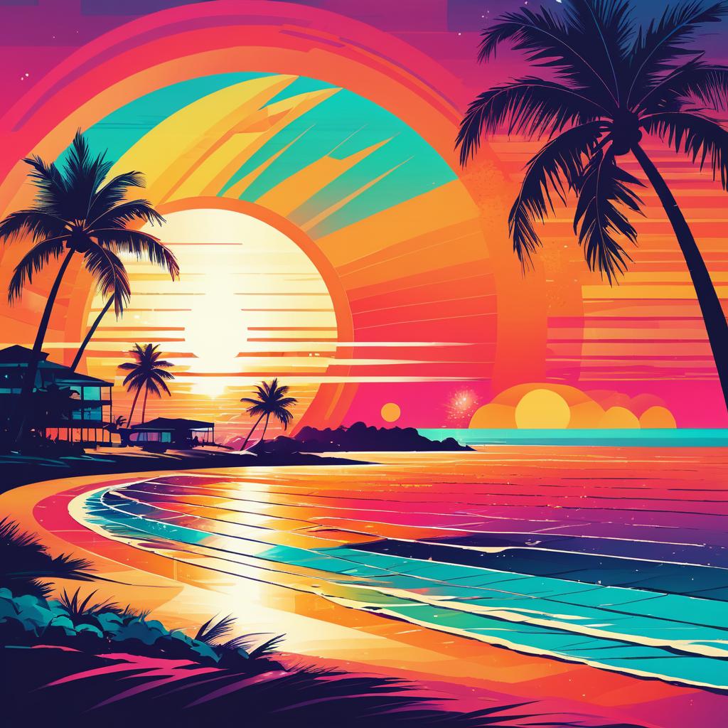 Vibrant Retro Sunset Beach Art