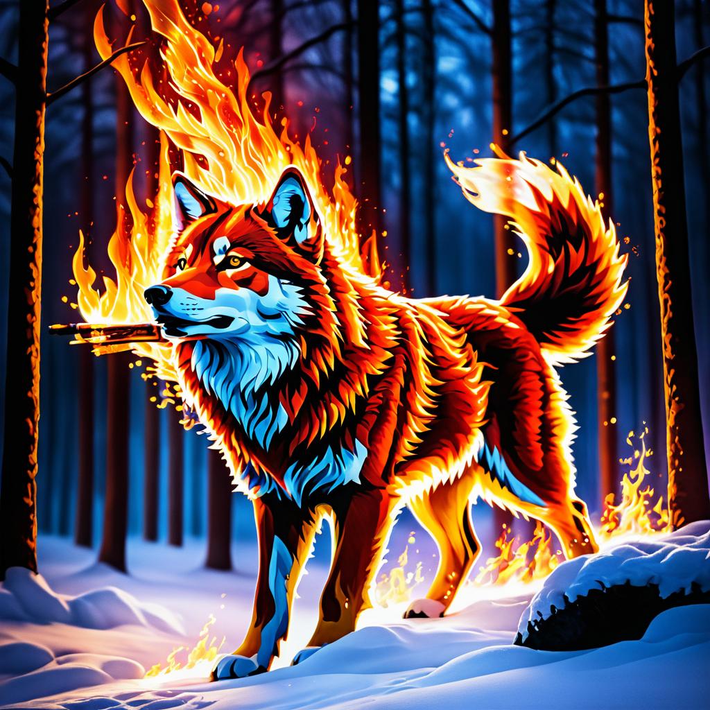 Fiery Wolf Amidst Snowy Forest