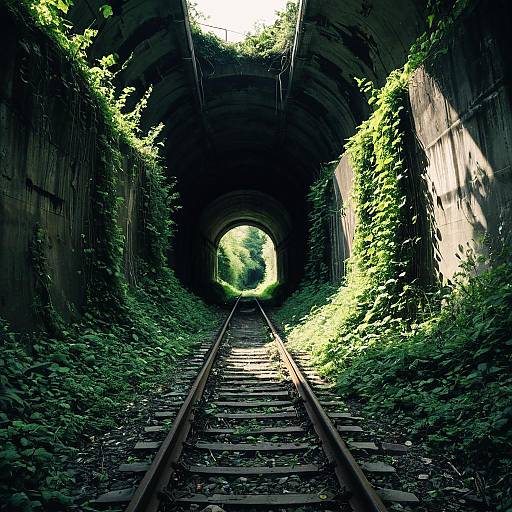 Overgrown Railroad Tunnel with Light at End