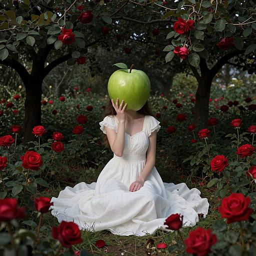 Photograph of a woman in a white dress, seated, holding a giant green apple, surrounded by red roses and dark trees.