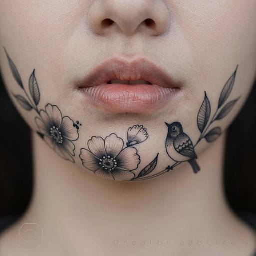 Intricate Floral and Bird Lip Tattoo