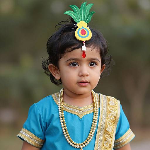 Photograph of a young Indian girl with dark hair, wearing a blue dress with gold embroidery, necklace, and a colorful feather headpiece with a red