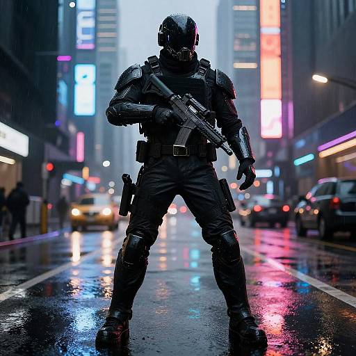 Cyberpunk Mercenary in Neon Rain