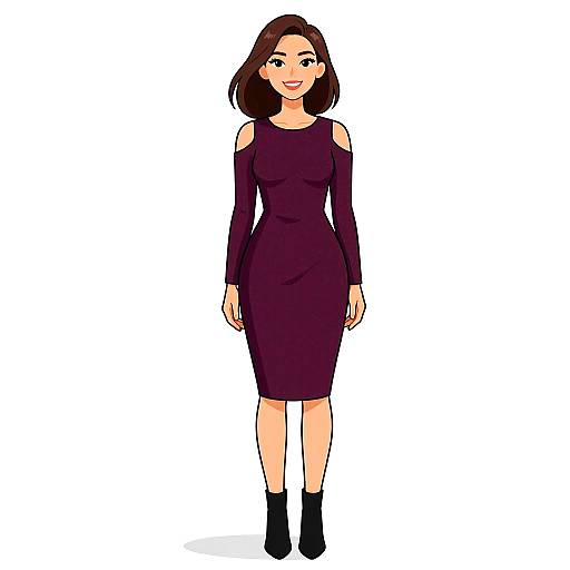 Digital illustration of a smiling woman with fair skin and brown hair, wearing a dark purple off-shoulder knee-length dress and black ankle boots, standing