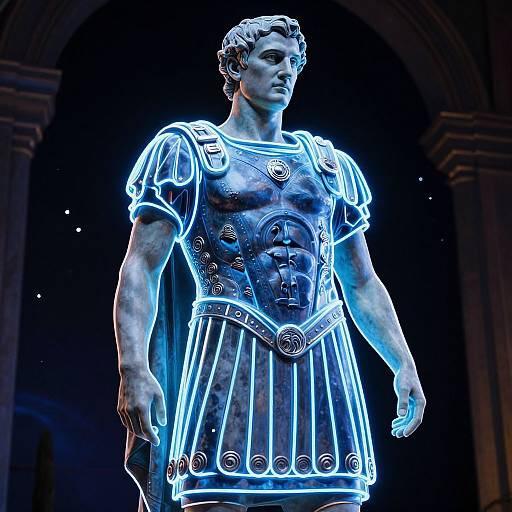 Photograph of a glowing, illuminated statue of a Roman soldier with detailed armor, short puffed sleeves, and a pleated skirt, standing against a