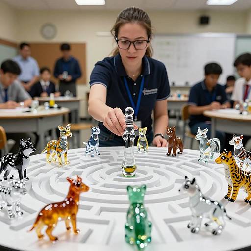 Photograph of a young woman with glasses, wearing a navy polo shirt, arranging miniature glass animals on a glowing white circular base in a classroom with blurred