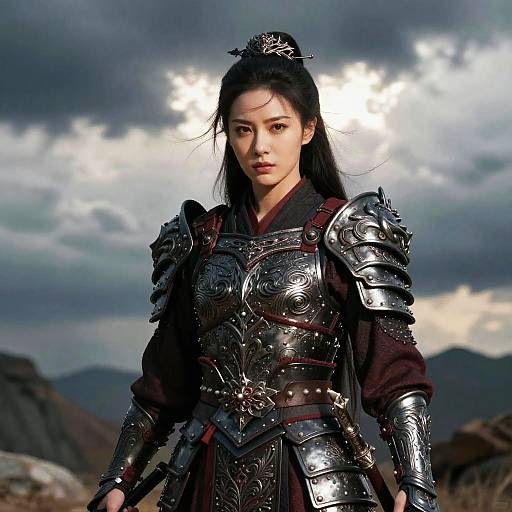 Photograph of an Asian woman in elaborate, shiny silver medieval armor with intricate patterns, standing against a dramatic cloudy sky and mountainous landscape.