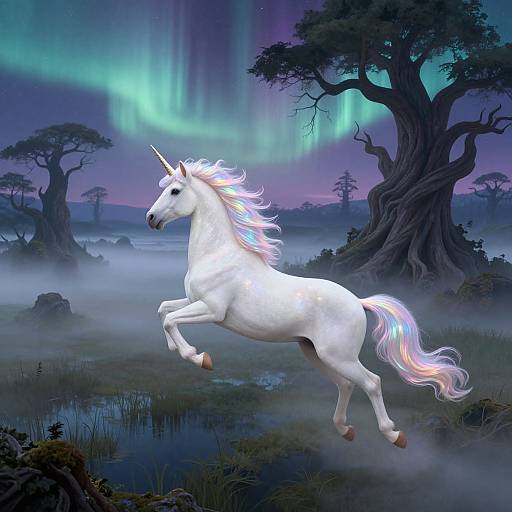 Digital painting of a white unicorn with pastel-colored mane and tail, leaping in a mystical forest under a vibrant aurora borealis.