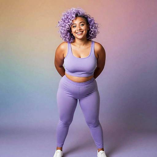 Curly lavender-haired woman in lilac activewear