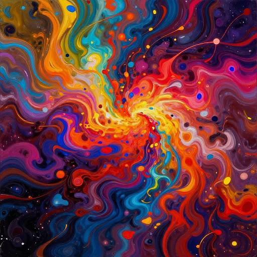 Vibrant abstract digital artwork featuring swirling, colorful patterns in red, orange, blue, yellow, and purple, resembling a cosmic explosion with splashes