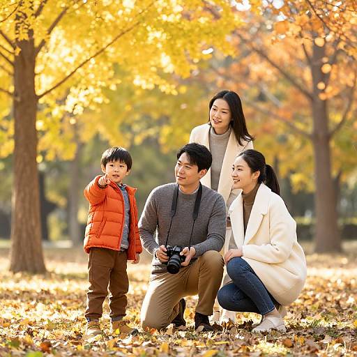 Photograph of a smiling Asian family in autumn park, with golden leaves, standing and squatting, wearing warm clothes, and the father holding a camera