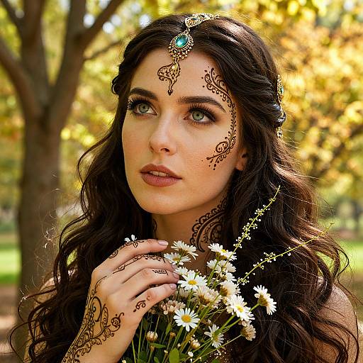 Photograph of a beautiful, fair-skinned woman with long, wavy black hair, adorned with intricate henna patterns and a turquoise headpiece,