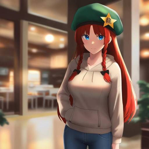 Anime Girl with Red Hair and Green Hat in Café