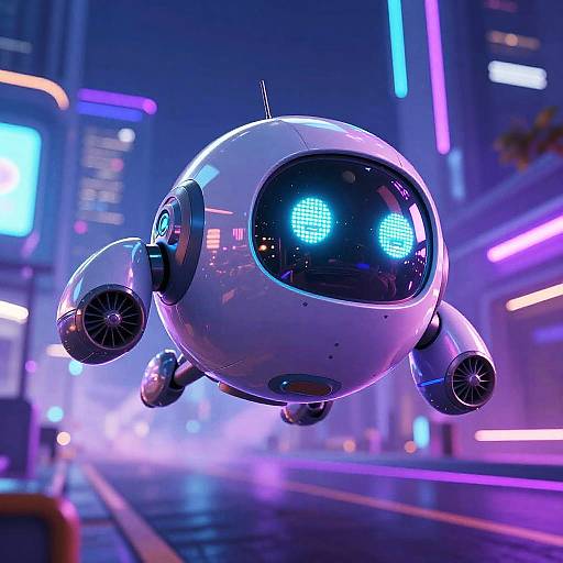 CGI image of a futuristic, white, spherical drone with glowing blue eyes flying above a neon-lit, cyberpunk city street.