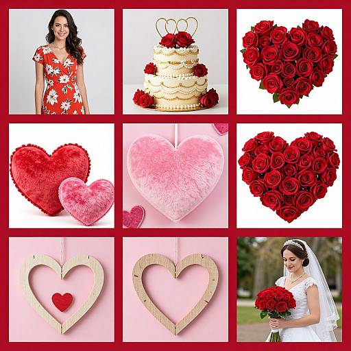 Photograph collage of a dark-haired bride in floral dress, white cake with red roses, red rose hearts, pink heart decorations, wooden heart signs,