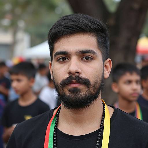Photograph of a bearded South Asian man with black hair, dark eyes, and medium skin tone, wearing a black shirt and colorful lanyard