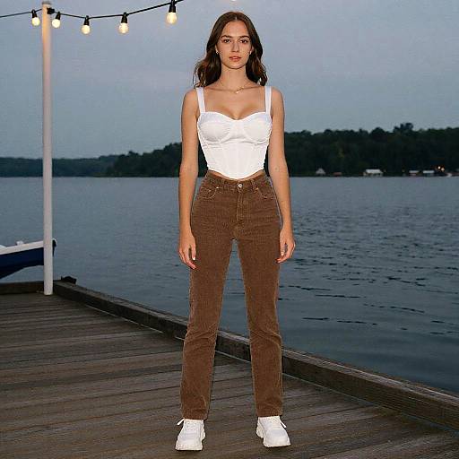 Photograph of a young woman with long brown hair, wearing a white bustier top, brown corduroy pants, and white sneakers, standing on
