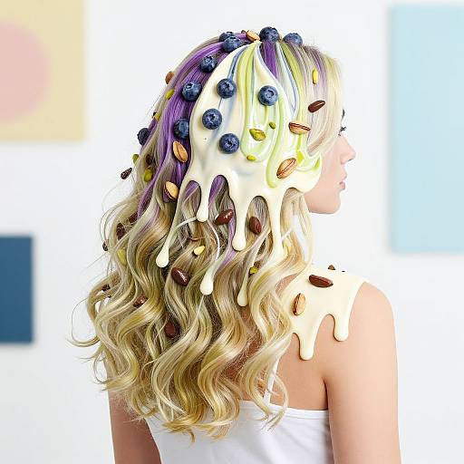 Photograph of a blonde woman with wavy hair, covered in dripping white icing and blueberries, with almonds scattered on top, against a soft,