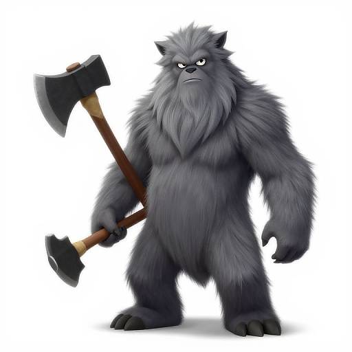 Digital illustration of a fierce, muscular, grey-furred werewolf with angry eyes, holding a large, double-headed axe in his right hand. White
