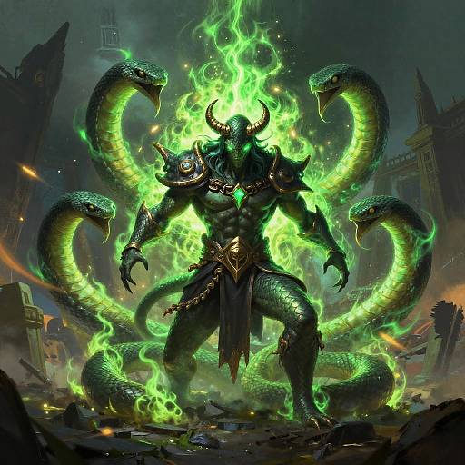 Digital fantasy artwork of a muscular, dark-skinned, horned demon with six glowing green snake heads emerging from his back, standing amidst a ruined city