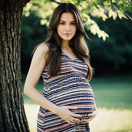 Pregnant Woman in Striped Dress Outdoors