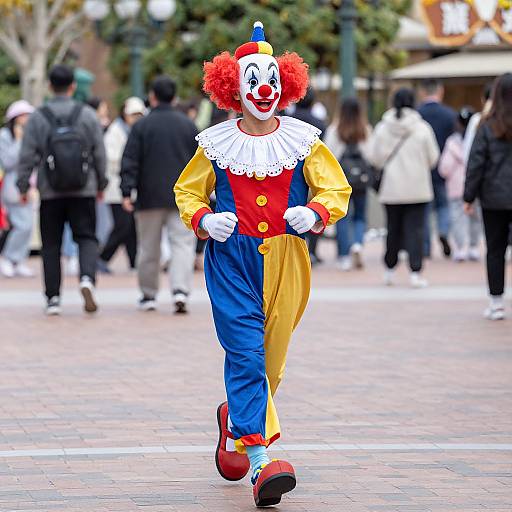 Photograph of a vibrant clown with red hair, white ruffled collar, yellow-blue-red outfit, red shoes, walking in a busy outdoor plaza.