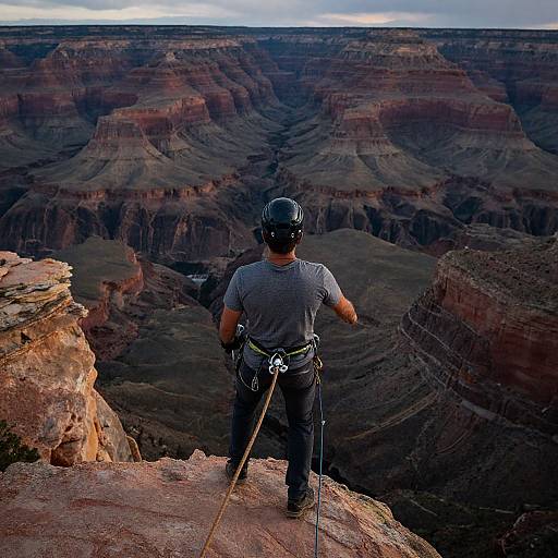 Photograph of a male rock climber with helmet, gray shirt, and harness, standing on Grand Canyon ledge, facing vast, layered canyon landscape at