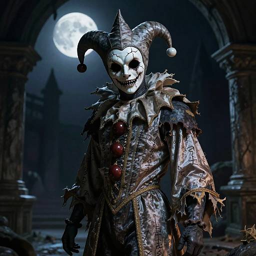 CGI image of a sinister, tattered jester with a white, skull-like mask, black eyes, and red buttons, standing under a full