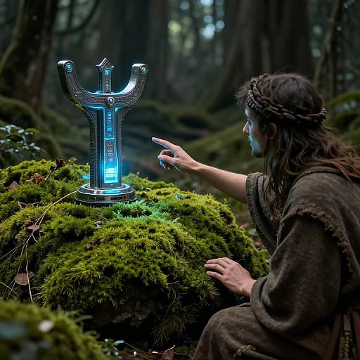 Photograph of a long-haired, forest-dwelling person in brown cloak, pointing at a glowing blue, futuristic, metallic trident on mossy