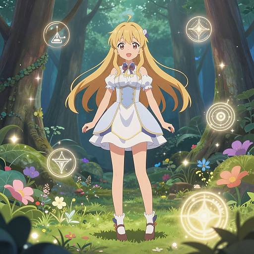 Anime-style digital illustration of a blonde girl in a white magical dress, surrounded by glowing symbols in a lush, enchanted forest.