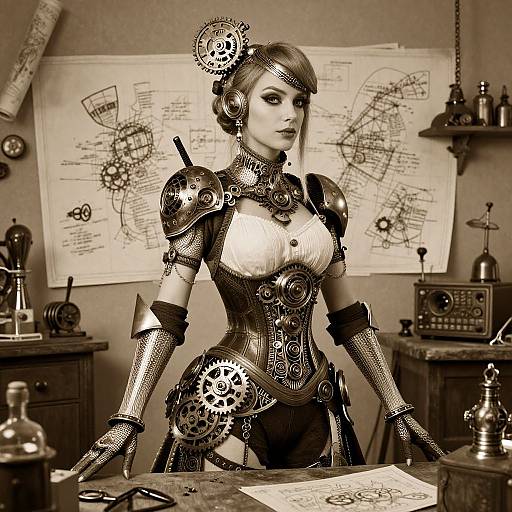 Sepia-toned photograph of a steampunk woman with gears, corset, and mechanical headpiece, standing in an inventor's workshop with blue
