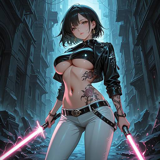 Futuristic Warrior Woman with Dual Energy Swords