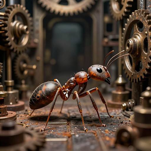 Photograph of a detailed, hyper-realistic red ant navigating through a cluttered, metallic background of interlocking gears and cogs.