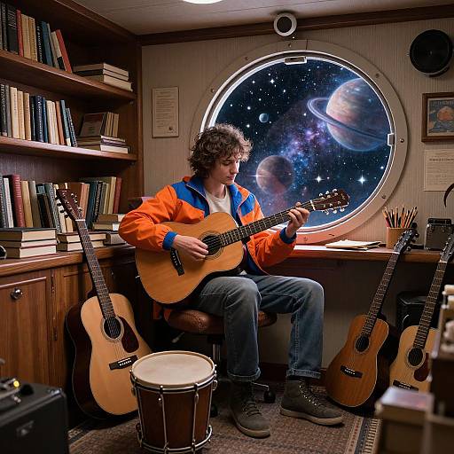 Photograph: Curly-haired man in orange jacket plays acoustic guitar in wood-paneled room with books, two guitars, drum, and circular window showing