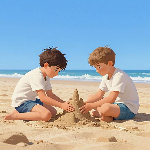 Digital illustration of two young boys with short brown hair building a sandcastle on a sunny beach, wearing white shirts and blue shorts, under a clear blue