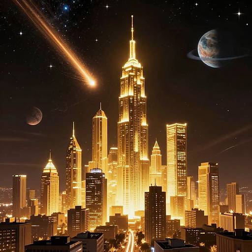 Photograph-style digital artwork of a brightly lit, golden skyscraper cityscape at night with a shooting star, two planets, and a starry sky