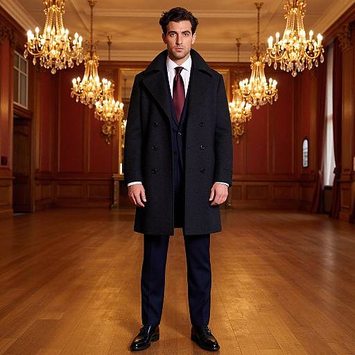 Photograph of a man in a black overcoat, white shirt, and dark tie standing in a grand, wooden-floored ballroom with orn