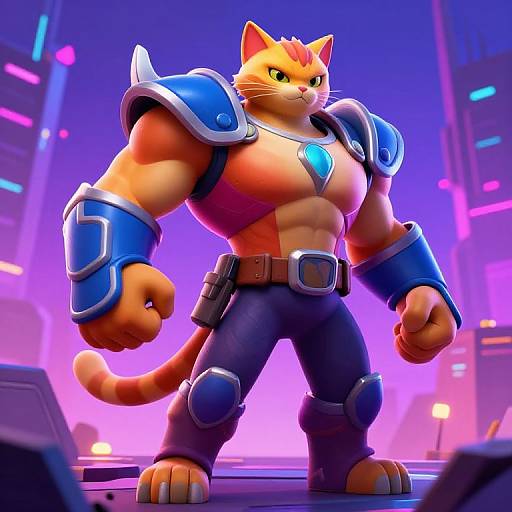 CGI image of a muscular anthropomorphic orange tabby cat with blue armor, blue pants, and a glowing blue gem, standing confidently in a neon