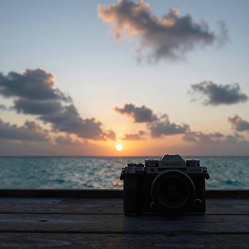Photograph of a silhouetted camera on a wooden railing, with a colorful sunset and orange sun over a calm ocean.