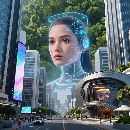 Digital CGI: Futuristic cityscape with glowing holographic woman's head, cybernetic headset, in front of modern skyscrapers and a sleek