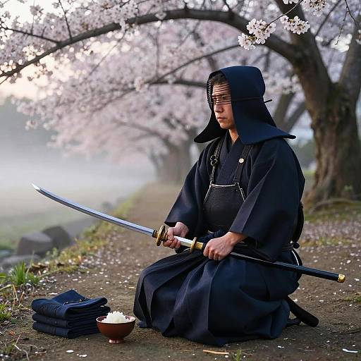 Photograph of a samurai woman in black hooded kimono, kneeling on dirt path, holding katana, beside folded clothes and rice bowl,