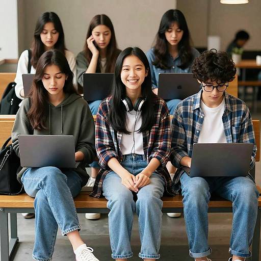 Denim Teens Sitting on Park Bench